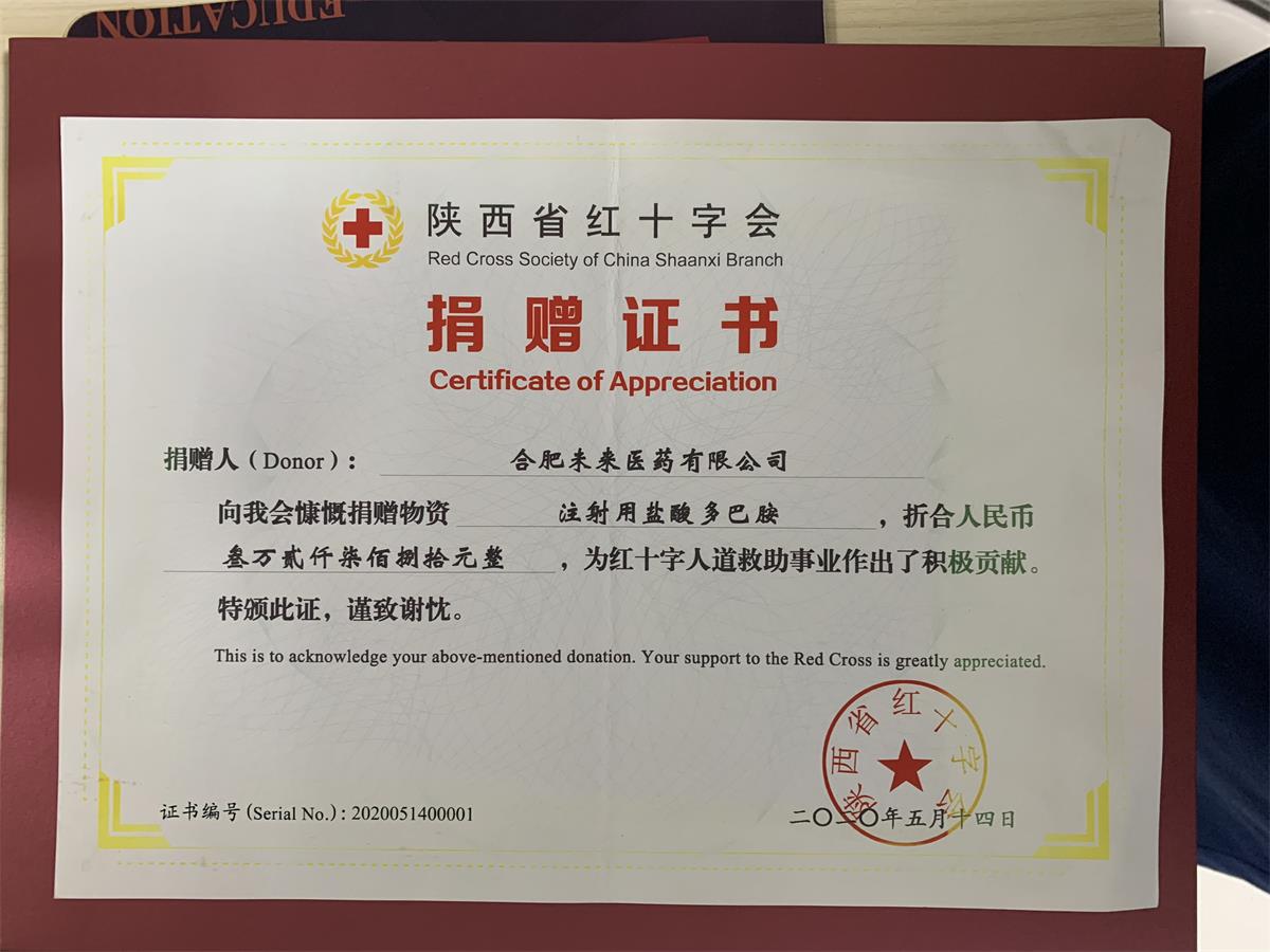 陕西省红十字会捐赠证书